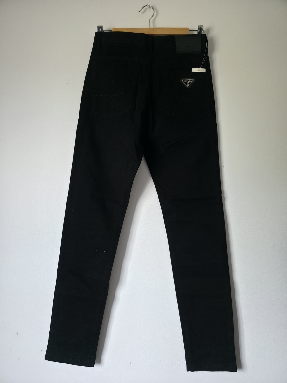 Prada Inspired Black Pants with Triangle Logo Patch